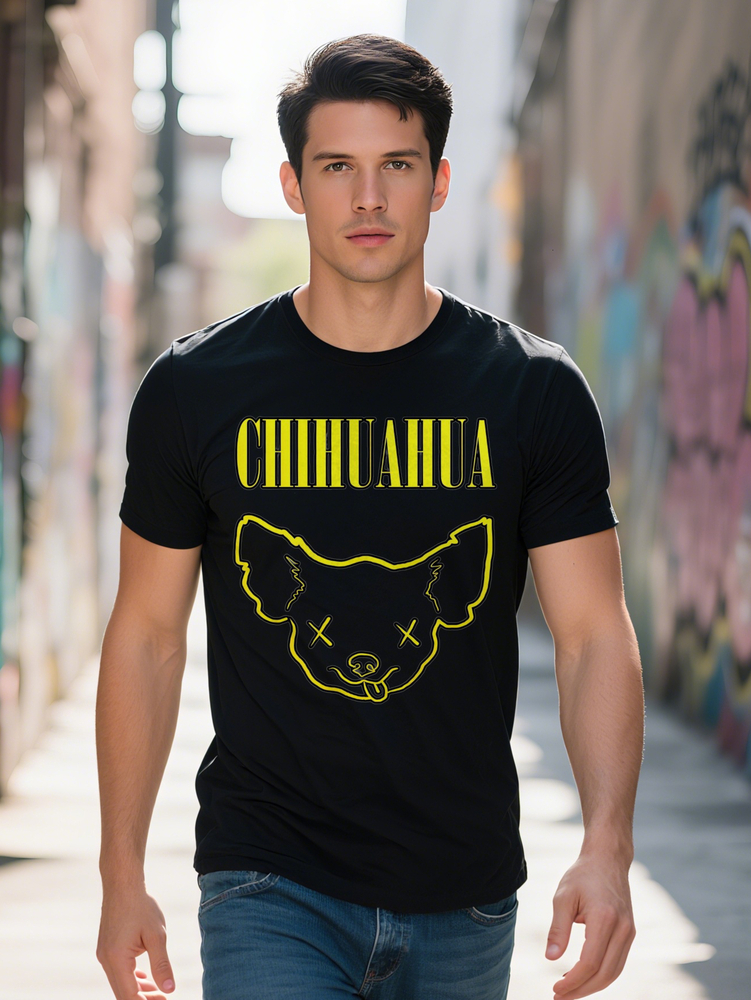 Men S Casual Crew Neck T Shirt with CHIHUAHUA Print Black Graphic Tee Soft Blend Summer Streetwear Regular Fit