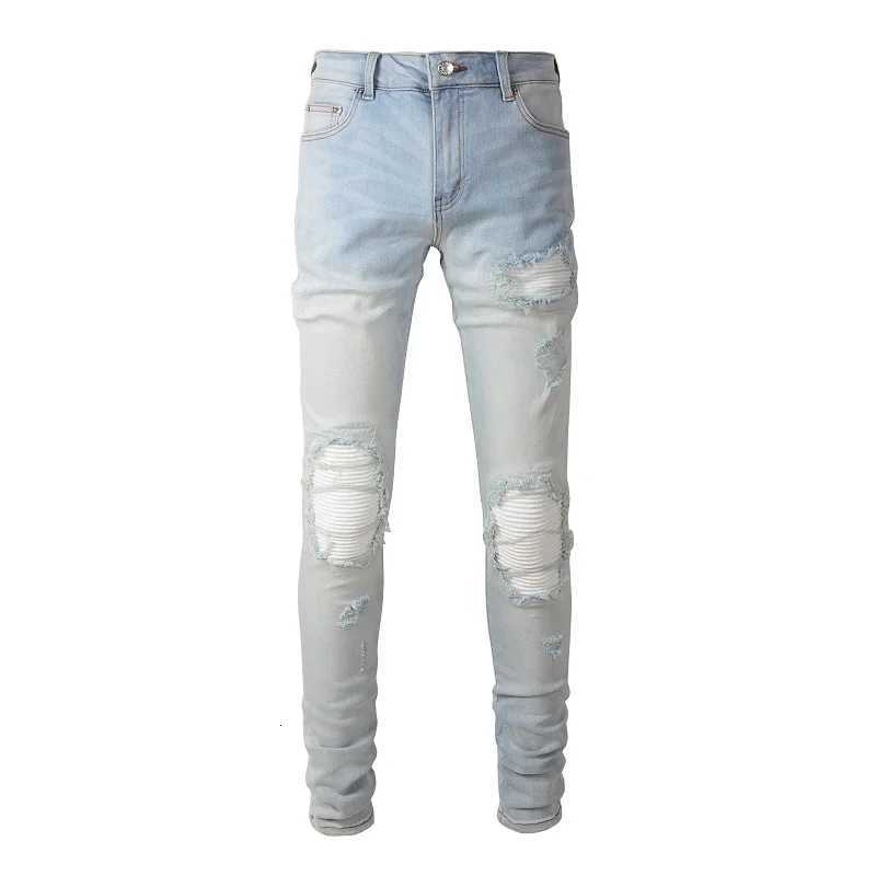 Men Pale Light Blue Biker Jeans Cracked Pleated Patch Patchwork Stretch Denim Pants Streetwear with Holes Ripped Skinny Trousers X250812
