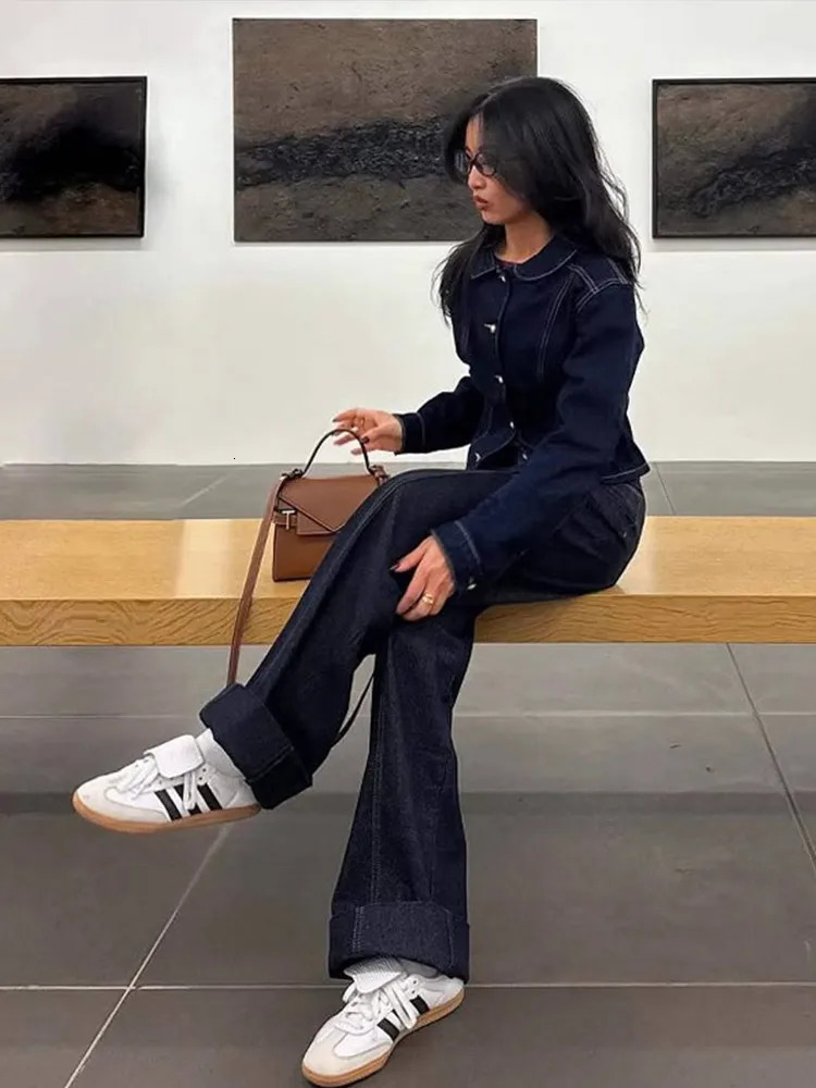 Fashion Denim Jacket Set Women Casual Peter Pan Collar Single Breasted Jackets Loose Long Wide Leg Pants Jeans 2025 Spring 250808