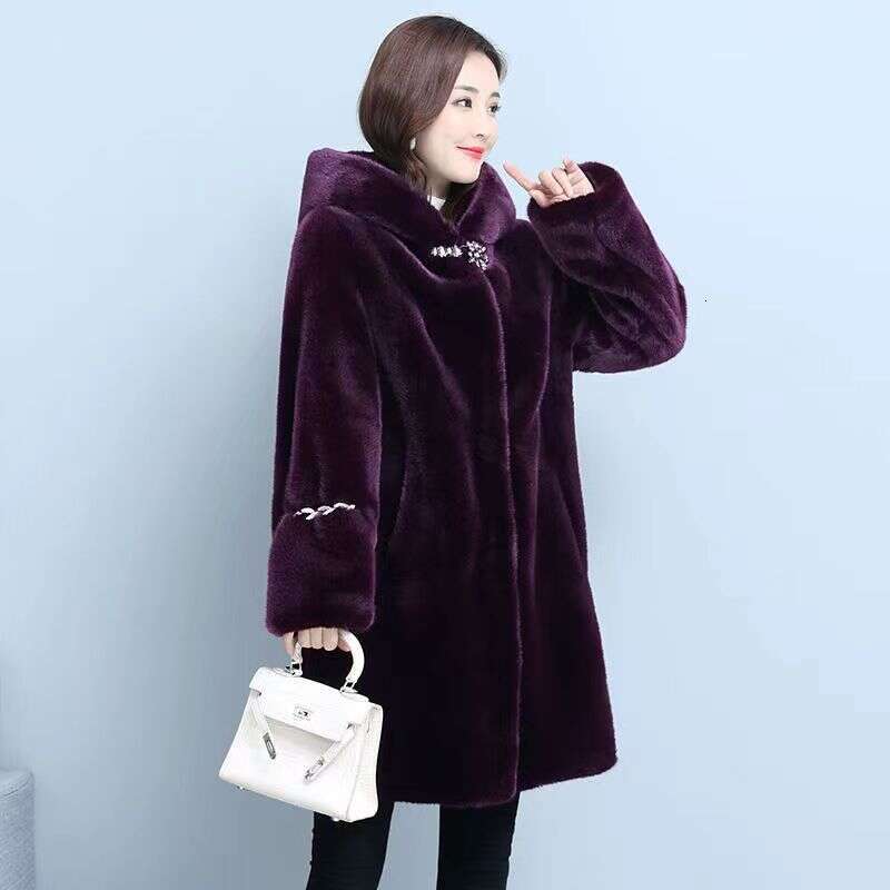 Middle aged faux fur hooded jacket for women, made of high-quality fur, temperament fur coat for women