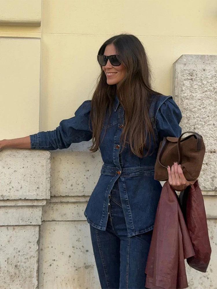 Denim Jacket Pants Sets Women Lapel Waist Cinching Split Jackets High Waist Straight Jeans Suits 2025 Spring Lady Street Outfits 250808