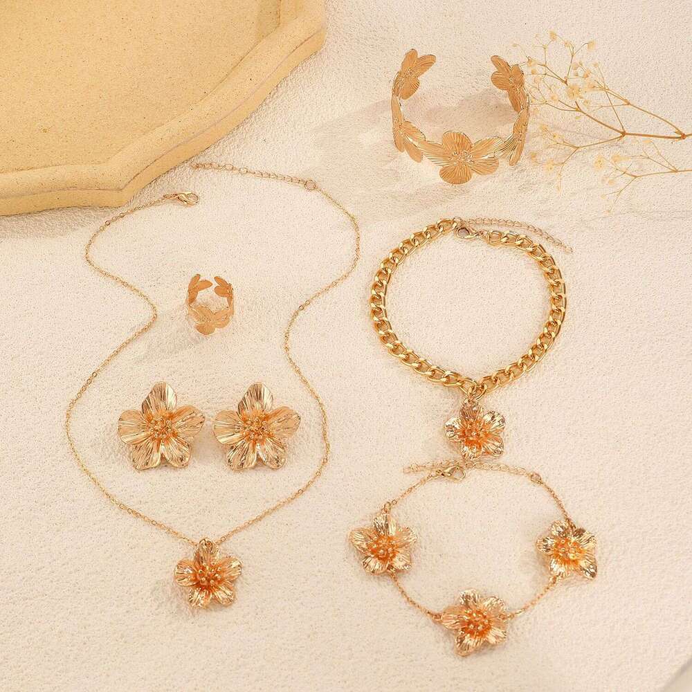 Jewelry Wrinkle Texture Design Sense Flower Earrings Necklace Bracelet Anklet Ring Bangle Set for Women