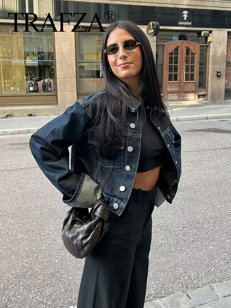 TRAFZA Women Fashion Denim Set Casual Lapel Long Sleeve Crop Jacket Buttons Female Vintage Wide Leg Loose Jeans Long Pants 250808