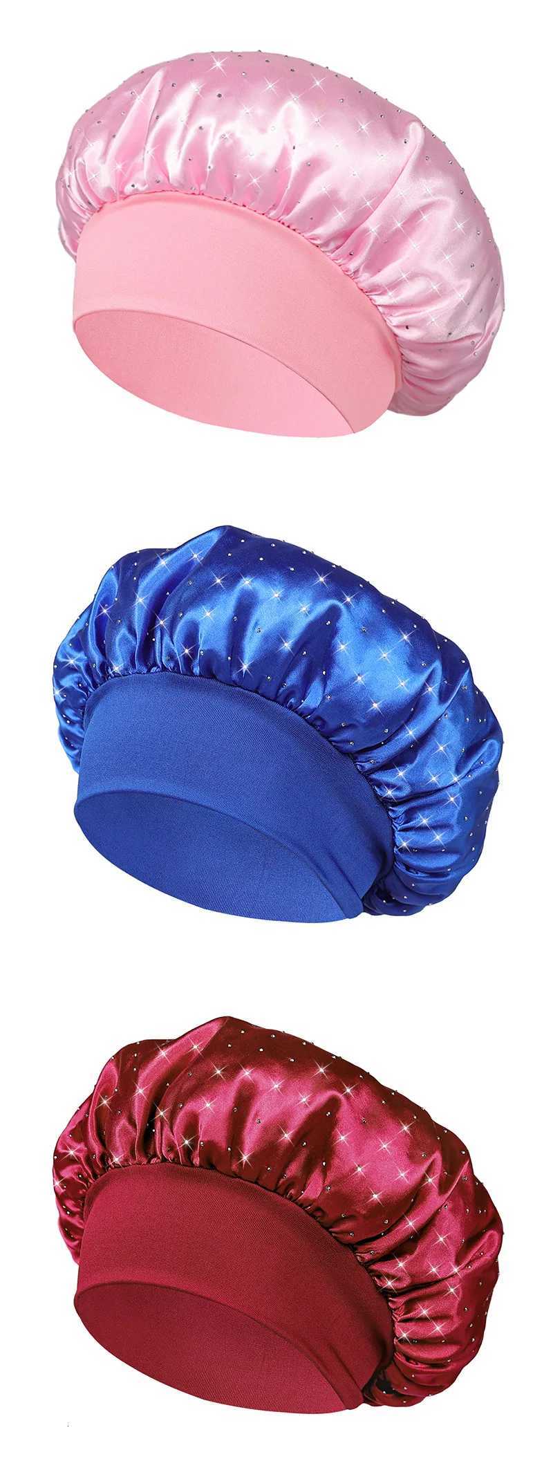 Full Rhinestone Wide Band Bonnet Satin Night Sleep Hat Hair Care Turban Headband Cap Headwrap Salon Shower Makeup Headband XJ250812