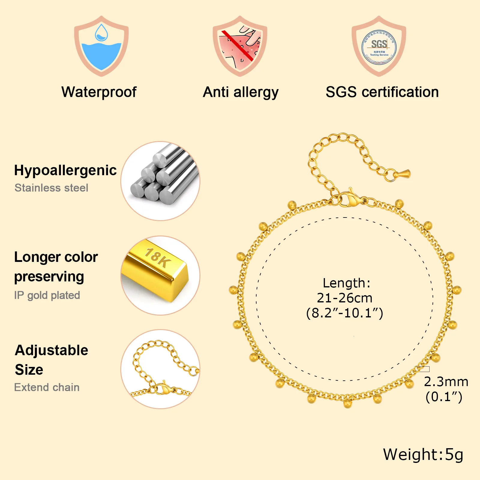 Anklet Bracelet on Legs Stainless Steel waterproof Adjustable Beach Beaded Ball Cuban Link Summer Boho Foot Jewelry for Women 250812