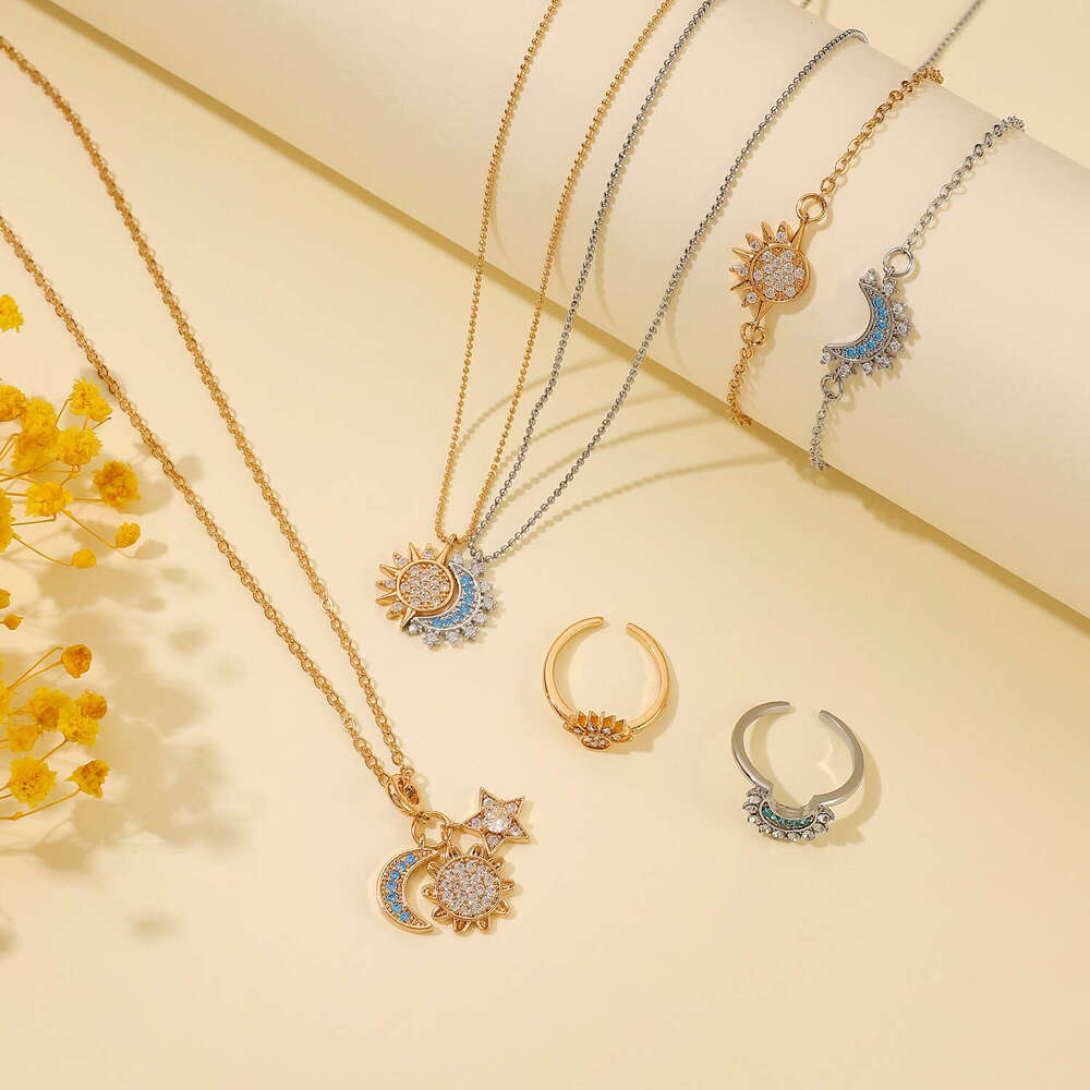 Ins Style Dia-Studded and Ring Bracelet Necklace Jewelry Set for Women Sun Moon Earrings Accessories