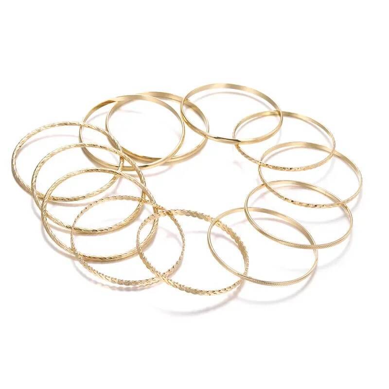 12pcs Punk Curb Cuban Chain Set for Women Miami Boho Thick Gold Color Charm Bracelets Bangles Fashion Jewelry