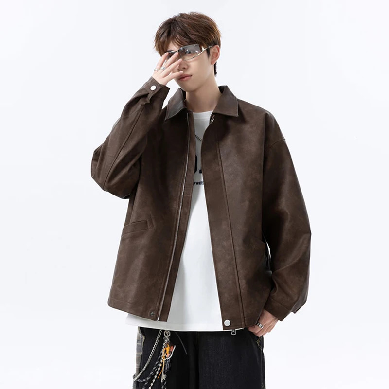 FEWQ High Street Mens PU Leather Jackets Solid Color Turn-down Collar Casual Pocket Fashion Loose Trendy Male Coats 24K5478 250811