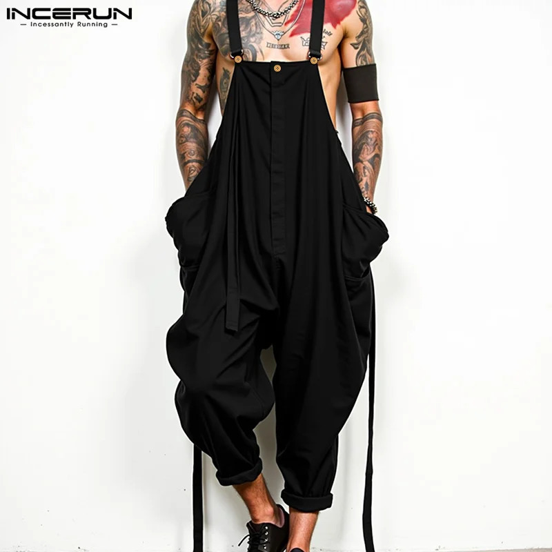2025 Men Jumpsuits Solid Color Oversize Sleeveless Loose Wide Leg Rompers Streetwear Pockets Fashion Straps Overalls INCERUN 250729