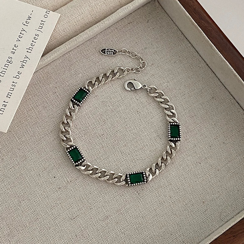 925 Sterling Silver Green Stone Retro Chain Bracelet For Women Men Charms Party Gift Wedding Engagement Fashion Jewelry 250807