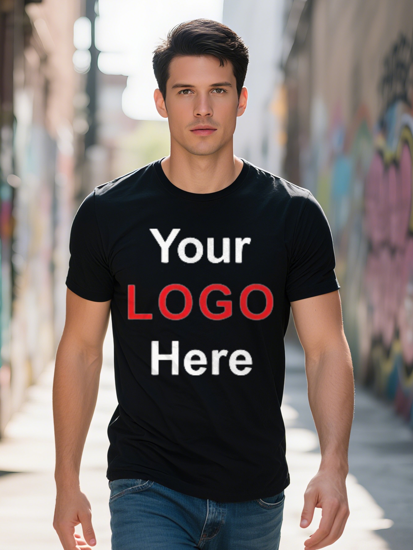 Customizable Men's Short T-Shirt Black Geometric Print Casual Summer Tee with Front/Back Sleeve Chest Printing