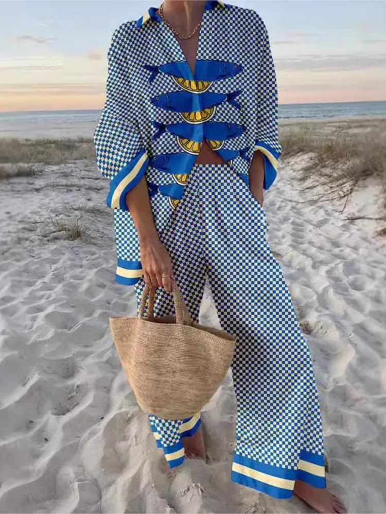 Fashion Lapel Long Sleeve Single-breasted Shirt Top Wide-leg Pants 2-piece Set Women Casual Marine Elements Print Suit Female 250811