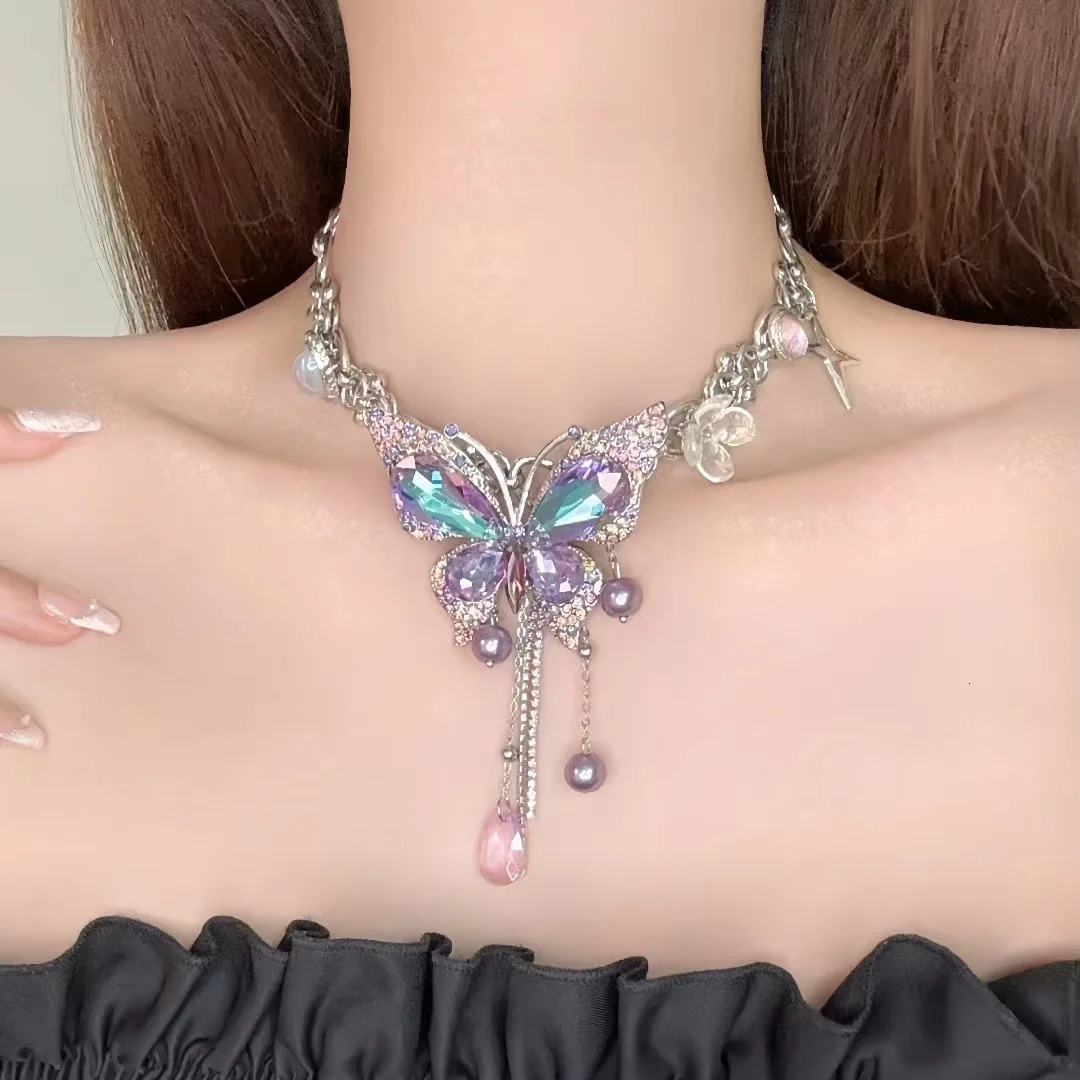 Dreamy Purple Crystal Butterfly Charm Star Heart Flower Pearl Tassel Necklace Retro Exquisite Jewelry For Women Y2K 250807