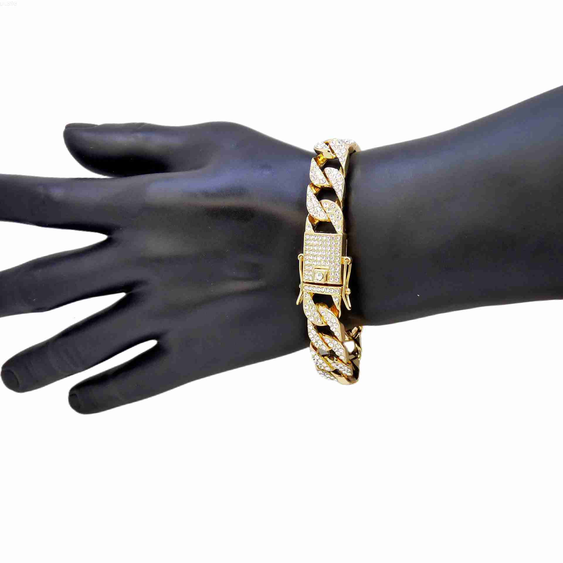 Full Diamond Hip Hop Style Cuban Chain Necklace Bracelet for Men Women Gold Plated Alloy Trendy Fashions Suit for Personalities