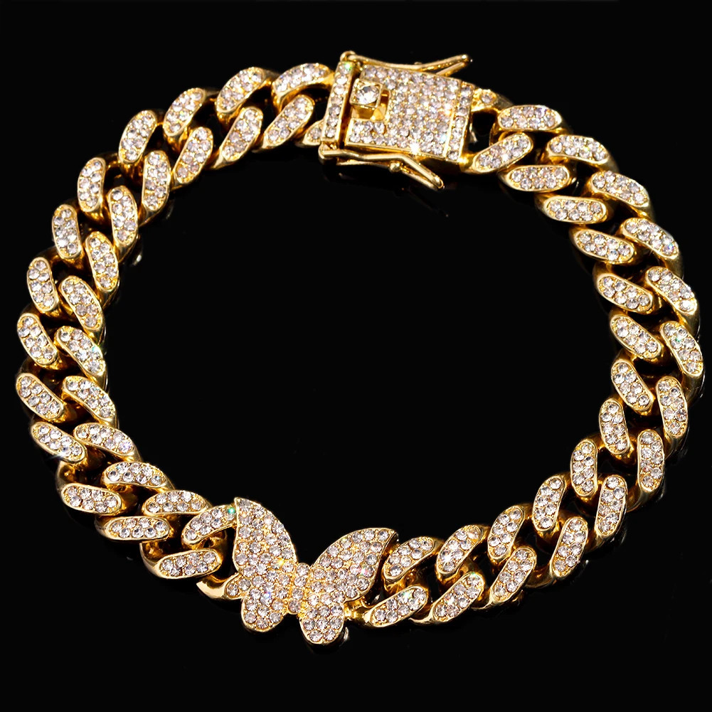 Iced Out Bling Cuban Link Chain Anklets for Women Gold Silver Color Shine Paved Crystal Butterfly Ankle Bracelet Hip Hop Jewelry 250812