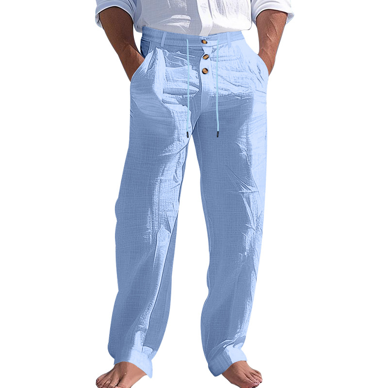 Men's cotton and linen pants casual long pants, summer beach pants straight-leg solid color comfortable breathable long pants European size: S-3X
