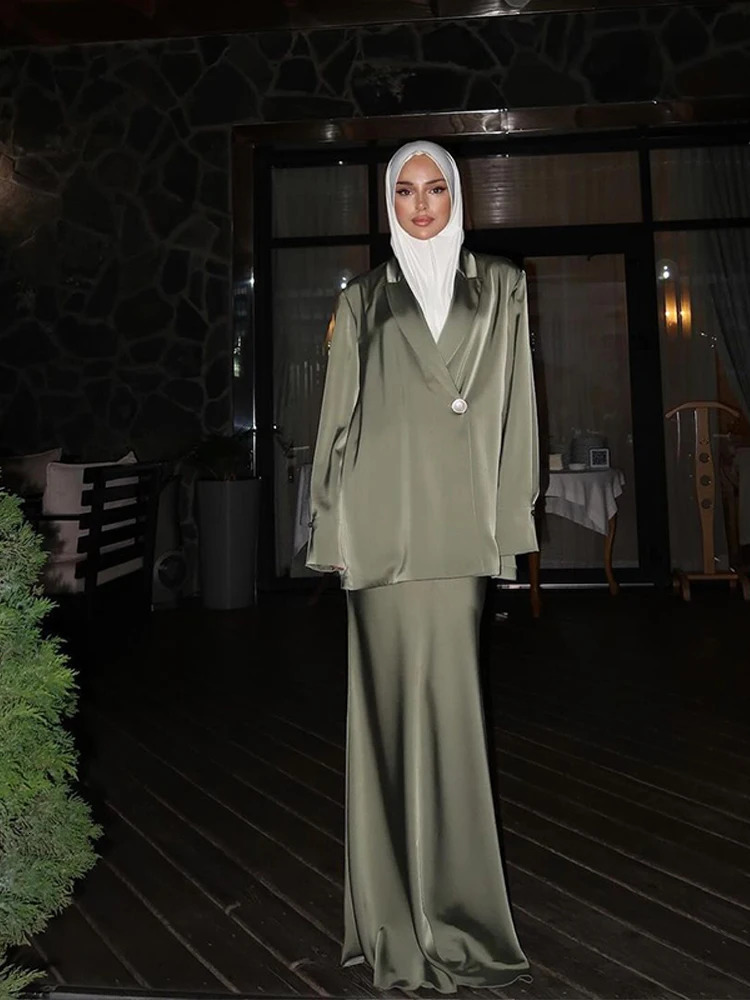 Elegant Long Skirt Set for Women Casual Solid Loose Long Sleeve Lapel Shirt Female Skirts Suit 2025 Spring Lady 2 Pcs Outfits 250811