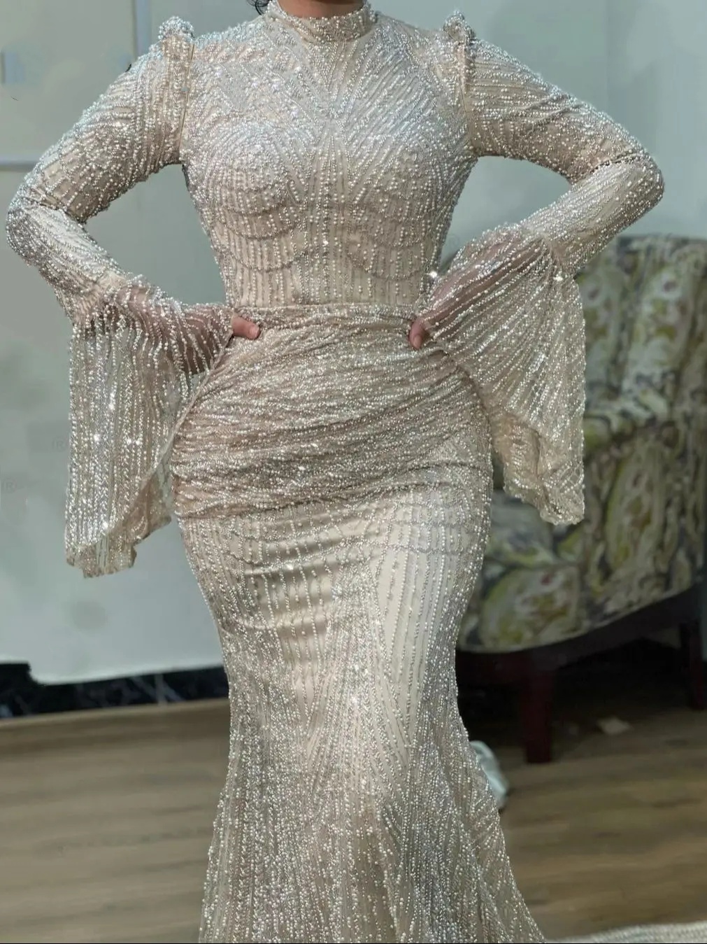 Vintage Mermaid Wedding Dress Jewel Neck Long Sleeves Bridal Gowns Sequins Sweep Train Dresses Custom Made vestidos de novia