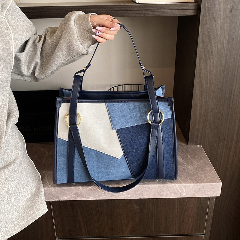 Denim for Women New Fashion Color Block Patchwork Single Shoulder Crossbody Commuter Casual Tote Bag