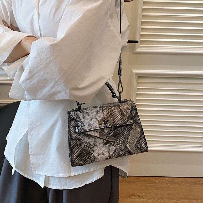 Women's 2025 New Snake Skin Pattern Handbag Shoulder Crossbody Textured Lock Small Bag