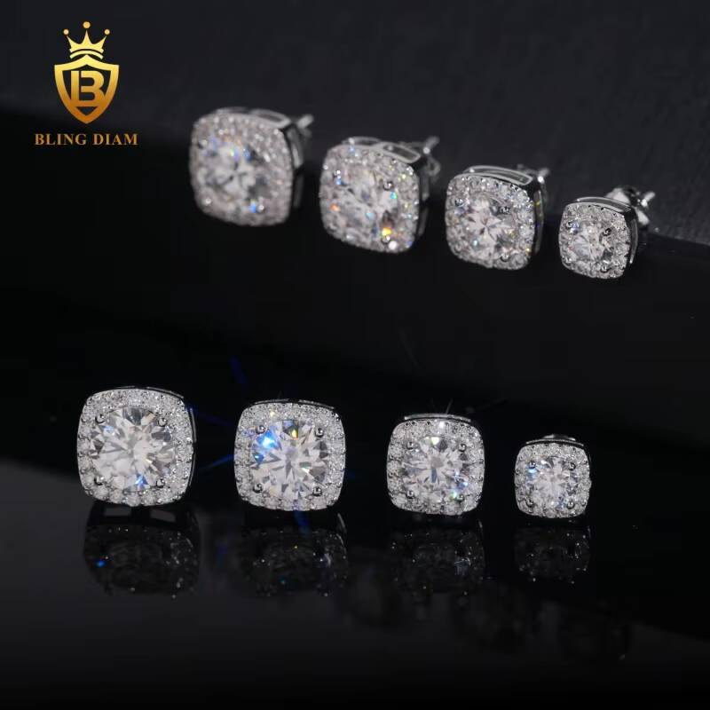 New Arrivals Pass Diamond Tester 925 Silver Iced Out Hip Hop 5-8mm Square Moissanite Screw Back Stud Earrings