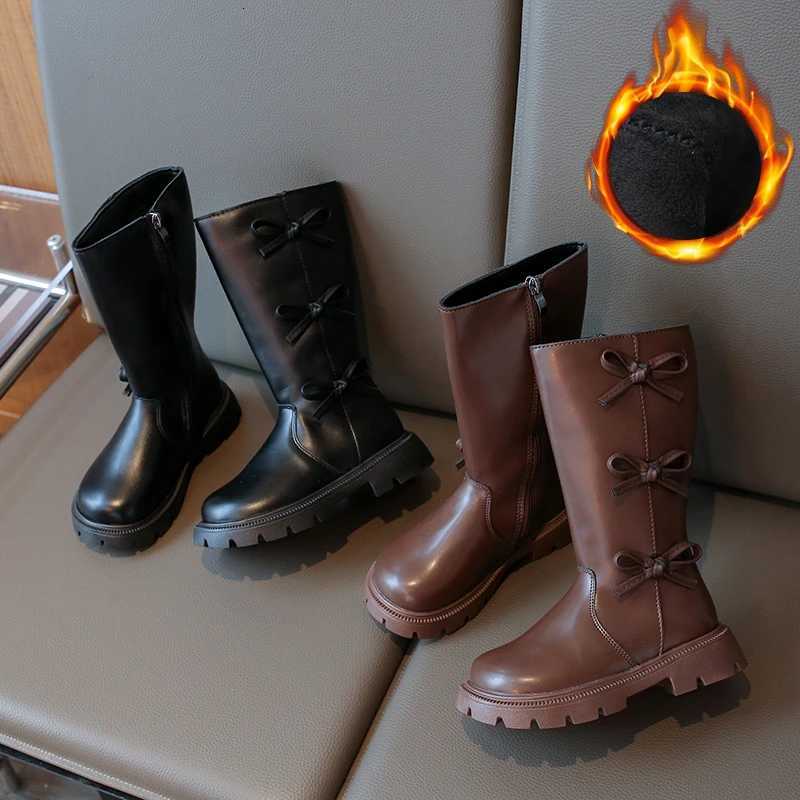 Girls Black Fashion Boots 2025 Autumn Winter Warm Kids Sweet Bow Knee-high Boots Simple Children Soft PU Leather Shoes for Girls XJ250812