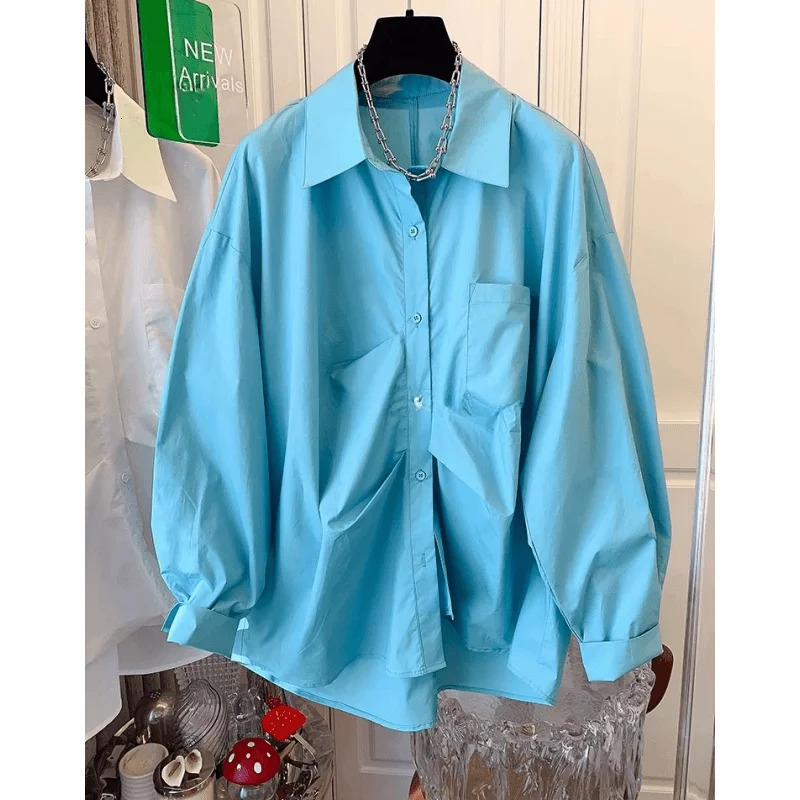 Simplicity Pleated Irregular Patchwork Long Sleeve Blouse Female Casual Autumn Buttons Solid Color Turn-down Collar Women Shirts 250811