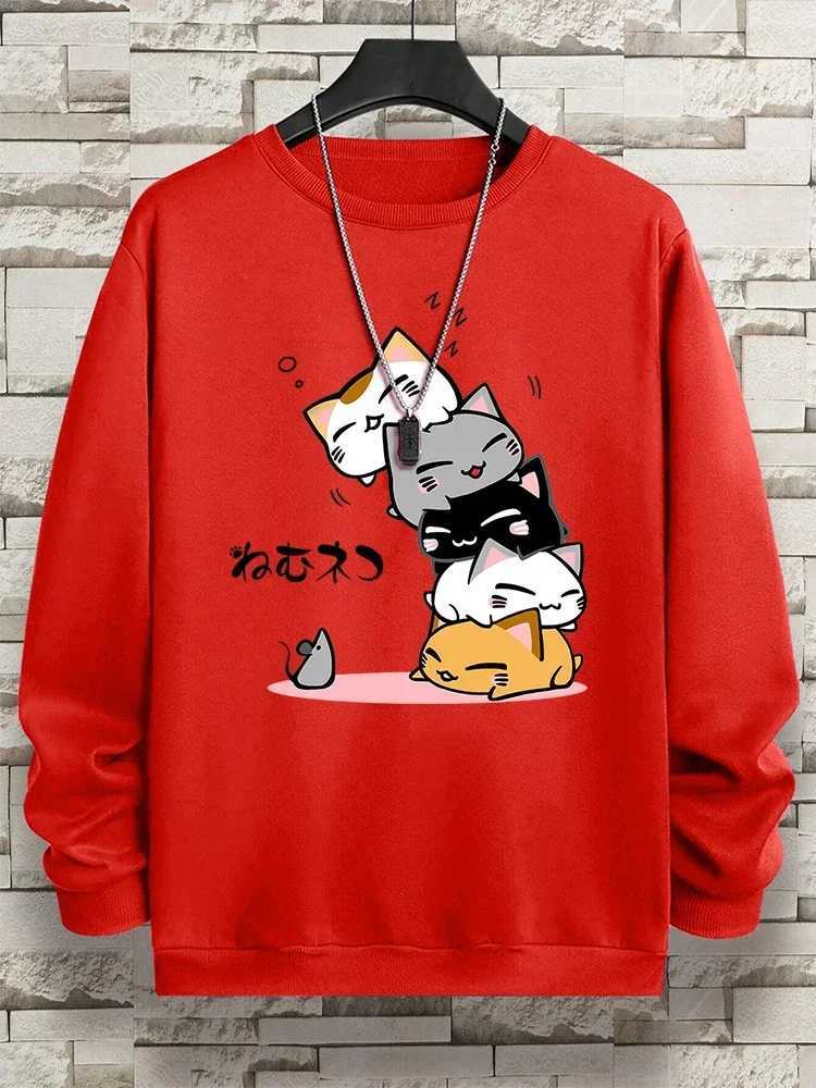 Cute Stacked Cats Sleep Clothing Man Hoody Hip Hop O-Neck Sweatshirts Vintage Casual Loose Hoodies Autumn New Loose Clothes Y250811