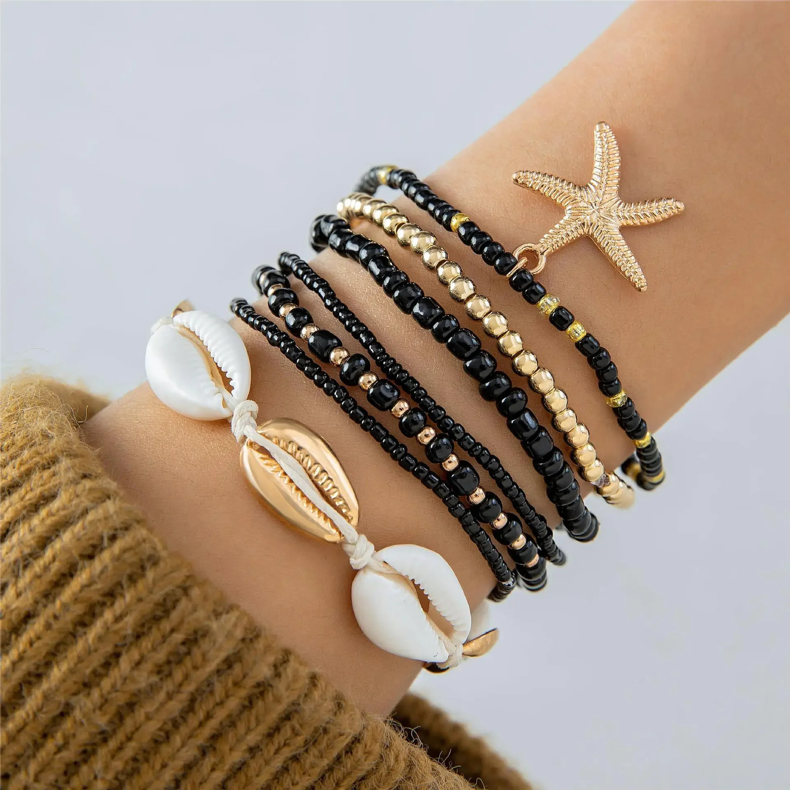 7Pcs Boho Summer Starfish Bracelet Set For Women Bohemian Shell Rice Beads Elastic Chain Bangle Girls Beach Jewelry Accessories 250807