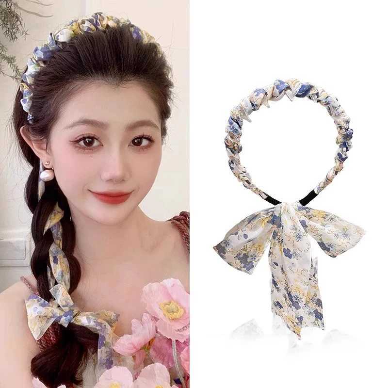 Elegant Print Flower Long Ribbon Teethed Hairband For Girls Sweet Hair Hoop Band Fashion Hair Accessories X250812