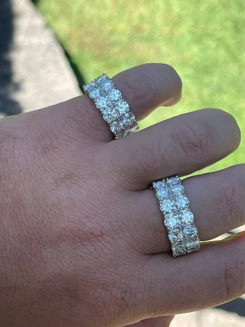 Pass Diamond Tester 2 Rows VVS Diamond Mens Womens Solid 925 Sterling Silver Hip Hop Iced Tennis MOISSANITE Ring