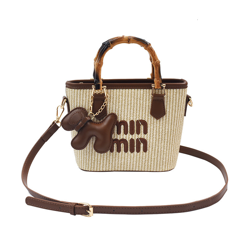 New Trendy Fashion Color-Block Straw Woven Bamboo Basket Bucket Handbag Shoulder Crossbody Bag for Women