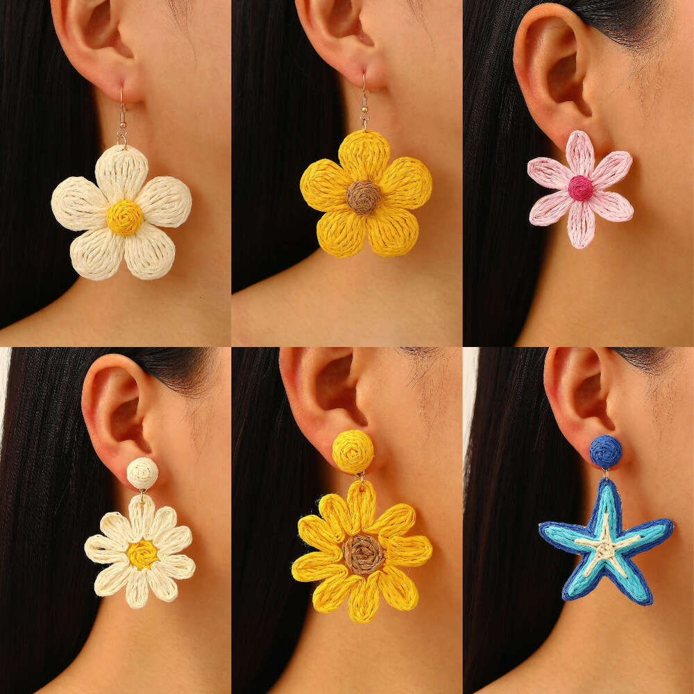 Summer Flower Dopamine Vacation Style Exaggerated Starfish Studs Handwoven Raffia Earrings for Women
