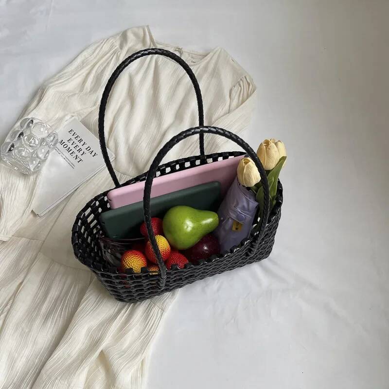 LEFTSIDE Small Solid Color Weave Tote for Women Fashion Summer Shoulder Bags Simple Handbags Hollow Out Beach Bag high-quality