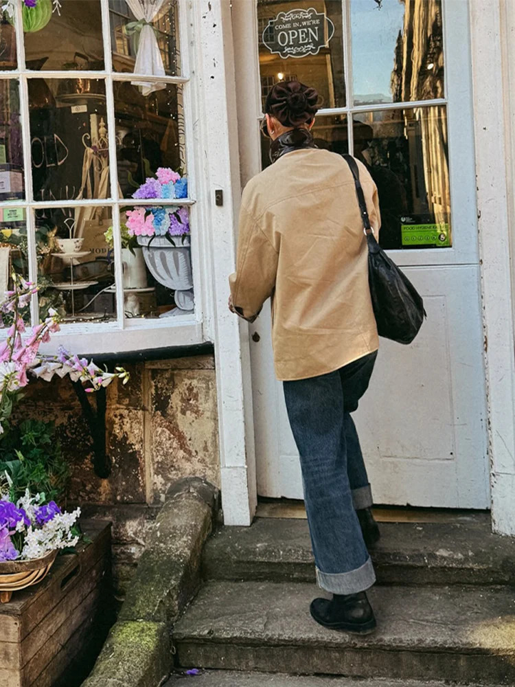 Retro PU Leather Collar Jacket Women Casual Loose Khaki Patchwork Stand Collar Button Trench Jackets Chic Versatile Streetwear 250811