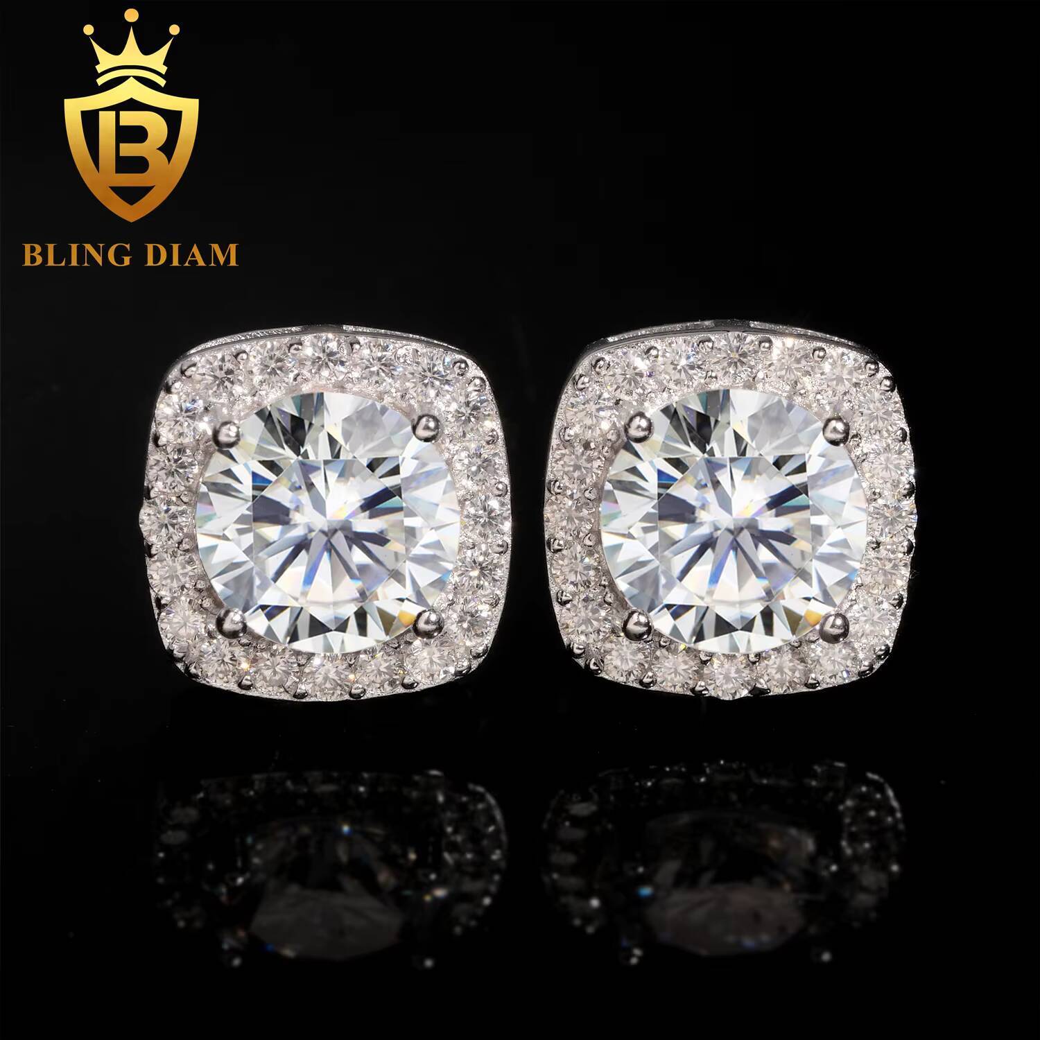 Halo Moissanite Hip Hop Earring 8.0mm 2CT Round Cut Moissanite Diamond Earrings 925 Sterling Silver Stud Earrings