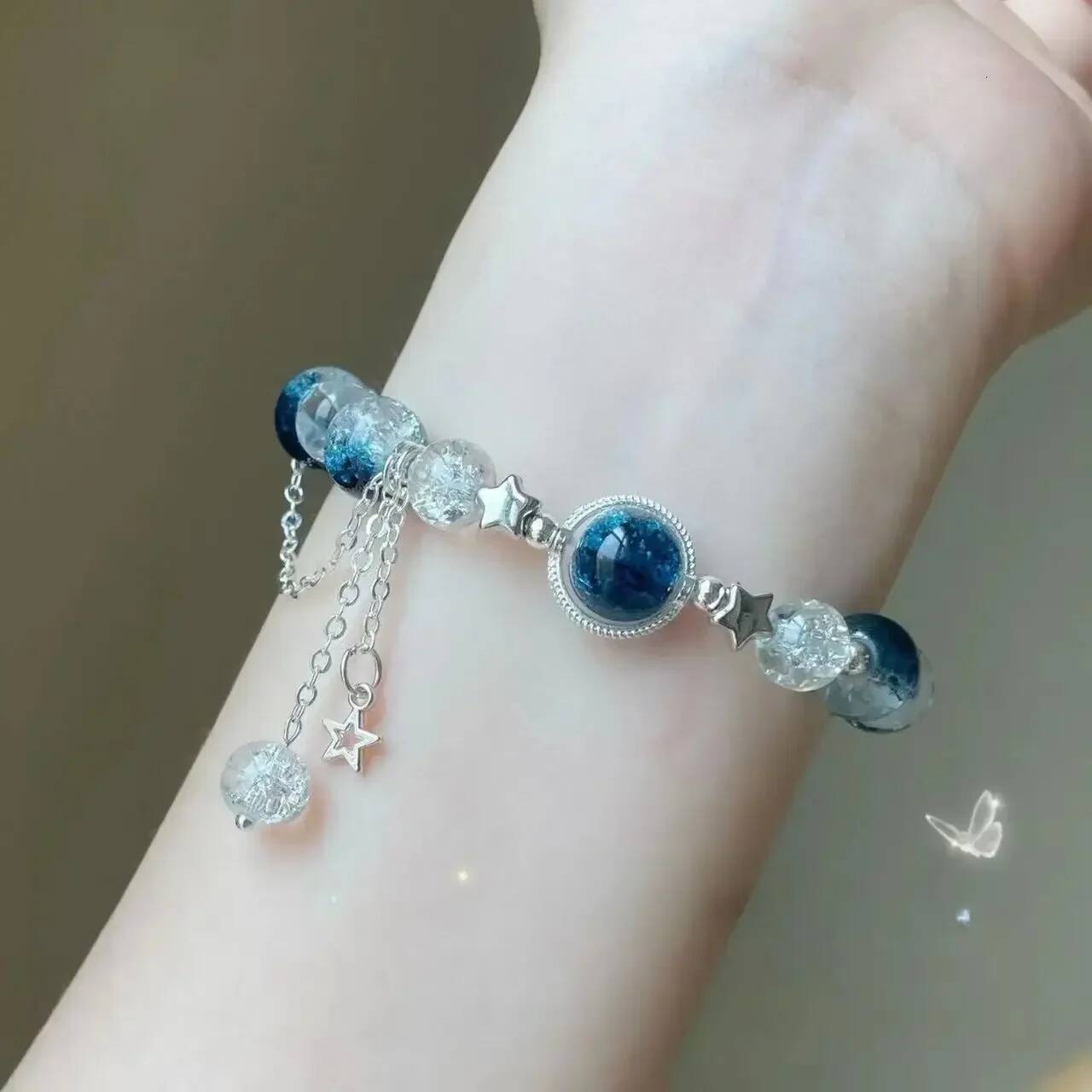 Niche Design Star Chain Tassel for Women Fantasy Blue Crystal Beads Elastic Rope Bracelet Best Friend Jewelry Gifts