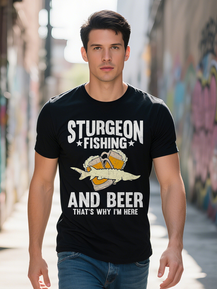 Men s Casual Crew Neck T-Shirt Strong Fishing Beer Graphic Print Black with White Yellow Design Lightweight Summer