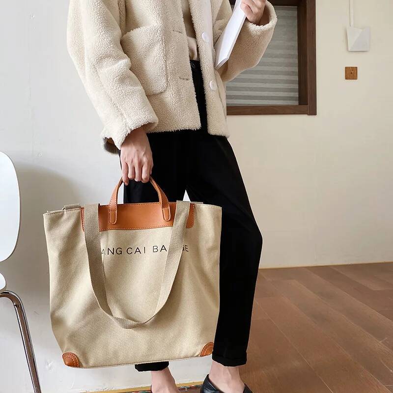 Casual Canvas Women Handbags Designer Letters Shoulder Crossbody Bags Female Large Capacity Tote Leather Patchwork Shopper Bag