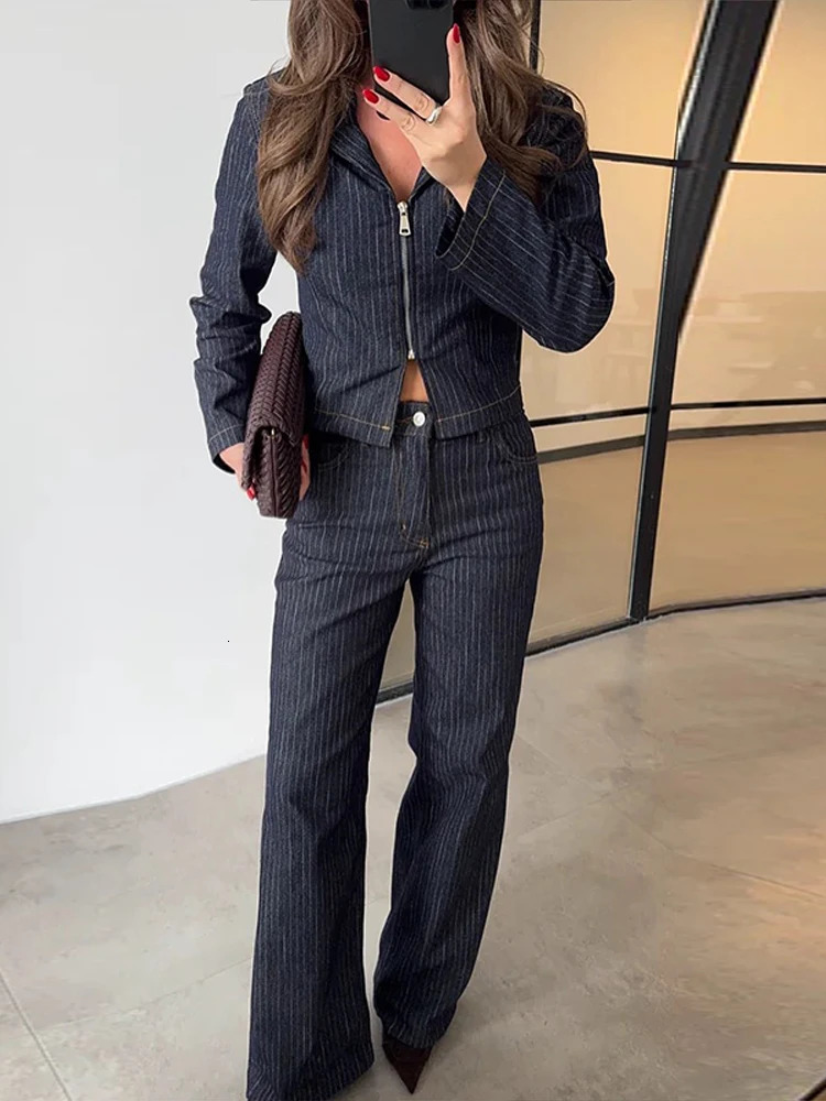 Vintage Women Stripe Denim Coat Trousers 2 Piece Sets Lapel Zip Denim Shirt Straight Dragging Office Work Casual Jeans Outfit 250811