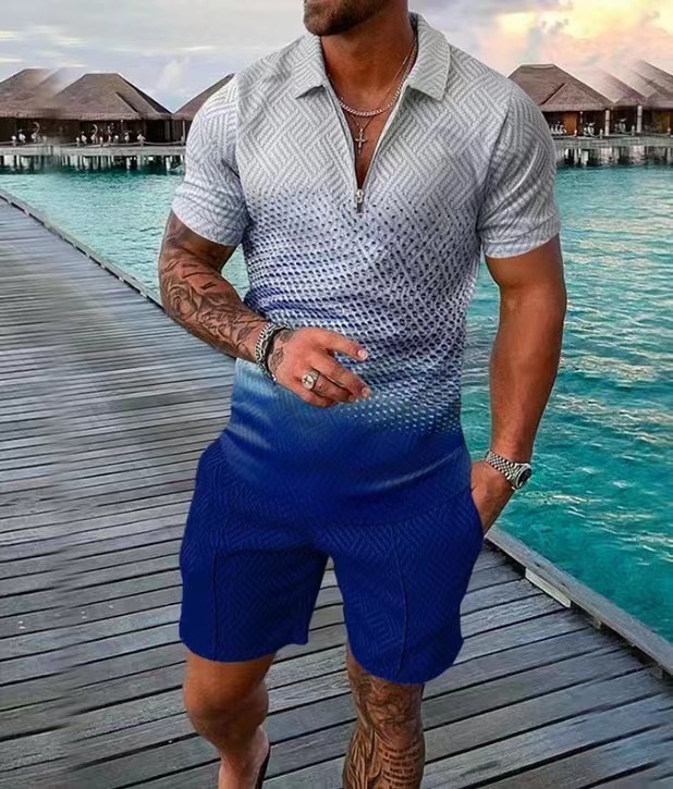 Fashion Button Set Men's Casual 3D Printed Polo Shirt Shorts