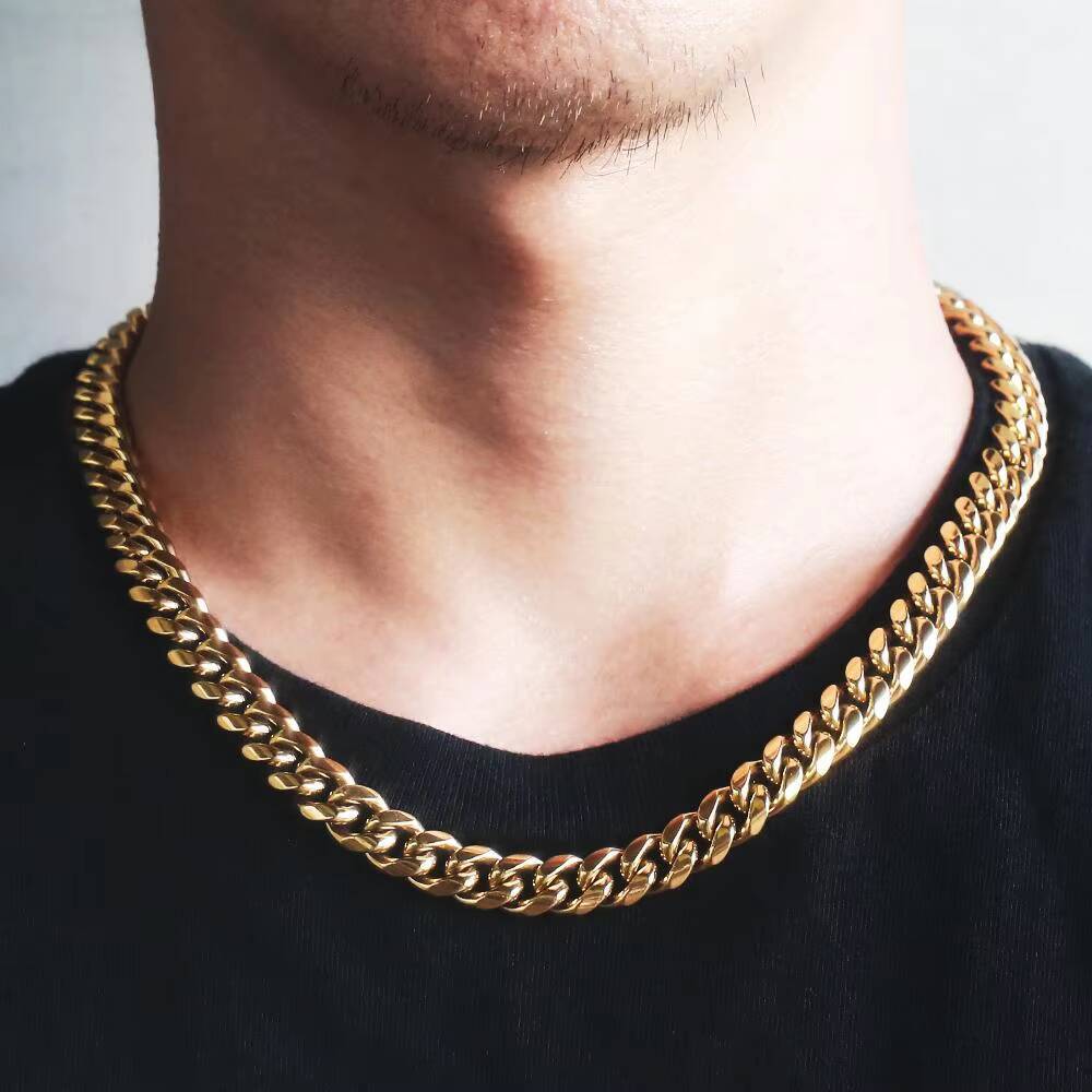 Men Fashion Jewelry Street-wear 10mm Thick Hip Hop Necklace Women 18K Real Gold 316L Stainless Steel Miami Cuban Link Curb Chain