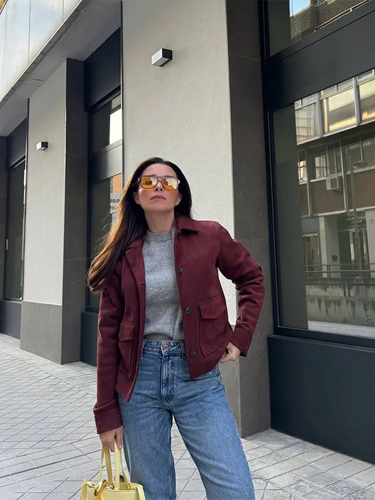 Vintage Brown Suede Jacket for Women Single Breasted Turn-down Collar Blazer with Pocket Casual Office Outerwear Autumn 2025 250811