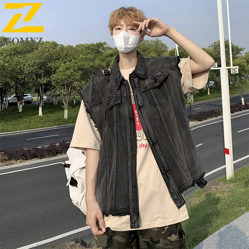 Denim Gilet Male 2025 Autumn Smoke Gray Oversized Workwear Waistcoat Retro Sleeveless Casual Street Fashion Vests 250805