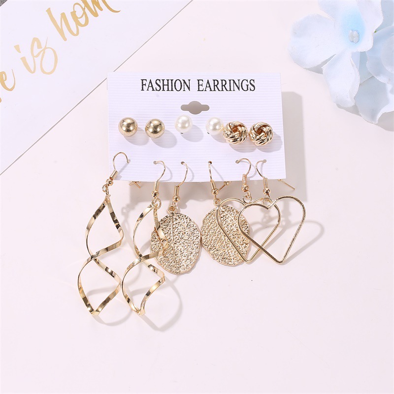 Hot Selling Fashion Leaf Cross Heart Set 6 Pairs Card Pack Windmill Pearl Stud Earrings