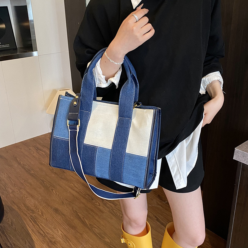 Denim for Women New Fashion Patchwork High-End Feel Single Shoulder Crossbody Commuter Large Capacity Tote Bag