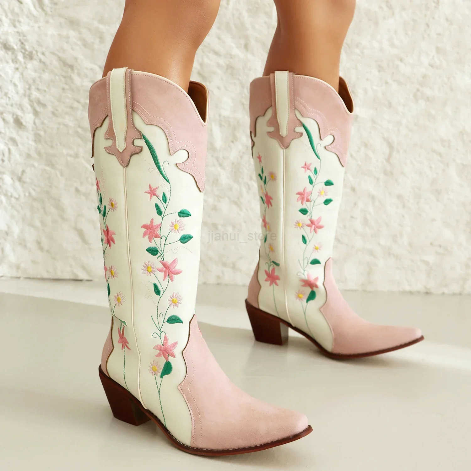 Womens Cowgirl Cosplay Boots Embroidery Floral Pink Lolita Western Cowboy Tall Booties Square Toe Knee High Chunky Heel Shoes M250812