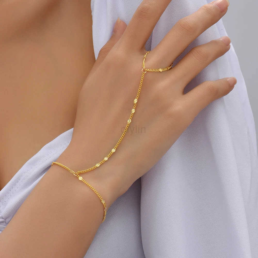Creative Tiny Chain Bracelet Finger Rings For Women Gold Color Link Chains Connecting Hand Harness Bracelets Jewelry Gift M250812