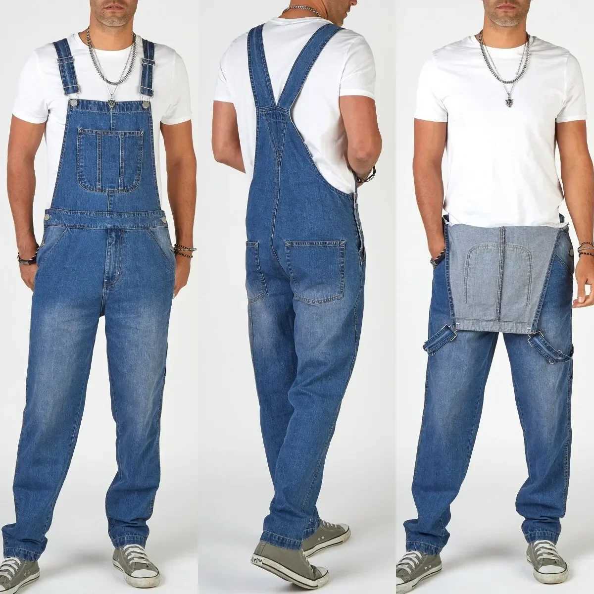 Men Jeans Denim Overalls Jumpsuits Pencil Pants Solid Washing Mid Waist Cargo Pockets One Piece Casual Ankle Length 2025 Romper X250812