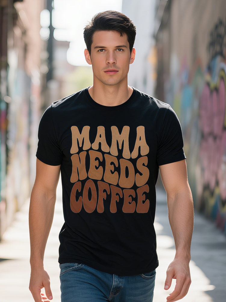 s Casual Crew Neck T-Shirt Mama Needs Coffee Print Black Ideal Gift for Men